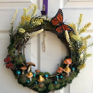 Monarch Butterfly Mushroom Wreath: Handmade Polymer Clay & Crystal Decor