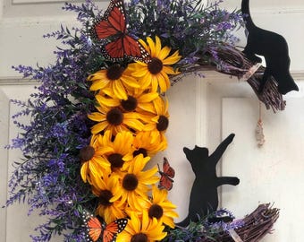 Crescent Moon Cat Wreath with Lavender and Black Eyed Susan, Pansies or Sunflowers