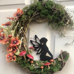 Fairy Tree/ Mushroom, moss, fairies and crystal crescent moon wreath