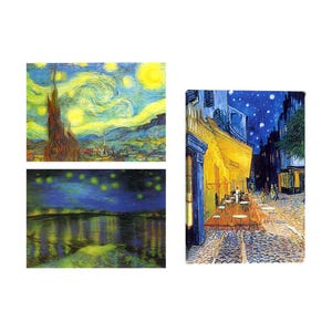 Postales en 3D de Van Gogh, Noche estrellada, Terraza de cafetería y Noche estrellada sobre el Ródano, Tarjetas de felicitación de 4 x 6