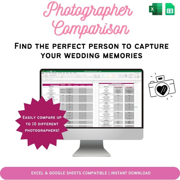 Wedding Photographer Comparison Spreadsheet - Event Planning Template, Compatible with Excel and Google Sheets