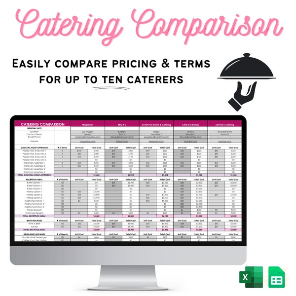 Wedding Catering Comparison Spreadsheet -Event Planning Template, Compatible with Excel and Google Sheets