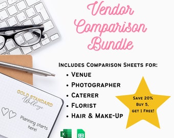 Vendor Comparison Bundle - Wedding Planning Spreadsheet, Compatible with Excel and Google Sheets