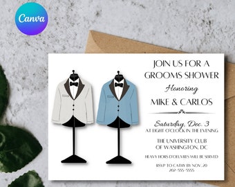 May include: Invitation to a grooms shower for Mike and Carlos, featuring two tuxedo-clad mannequins, at The University Club of Washington, DC on Saturday, December 3rd at 8:00 PM. RSVP to Cathy by November 20th at 202-555-5555.