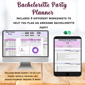 May include: A digital planner for a hen party with a pink and purple colour scheme. The planner includes a budget and payment tracker, a to-do list, a packing list, and a bride survey. The text on the screen reads "Bachelorette Party Planner" and "Includes 9 different worksheets to help you plan an awesome bachelorette party".