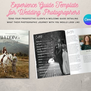 Puede incluir: Una plantilla de guía de experiencia de boda para fotógrafos. La portada presenta una pareja a caballo en un campo. Las páginas interiores incluyen una tabla de contenido, una sección sobre el fotógrafo y una sección sobre la experiencia de la boda.