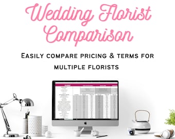 May include: A computer screen displaying a spreadsheet titled "Wedding Florist Comparison" with a pink heading. The spreadsheet is used to compare pricing and terms for multiple florists. The image also shows a desk with a lamp, a teapot, and a pair of headphones.