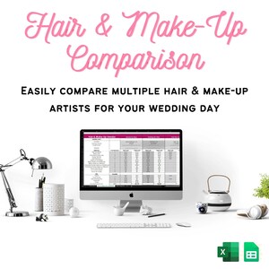 Könnte beinhalten: Ein Computerbildschirm zeigt eine Tabelle zum Vergleich von Haar- und Make-up-Anbietern. Der rosa Text lautet "Hair & Make-Up Comparison". Das Bild zeigt auch eine Schreibtischlampe, eine Teekanne und Bürozubehör.