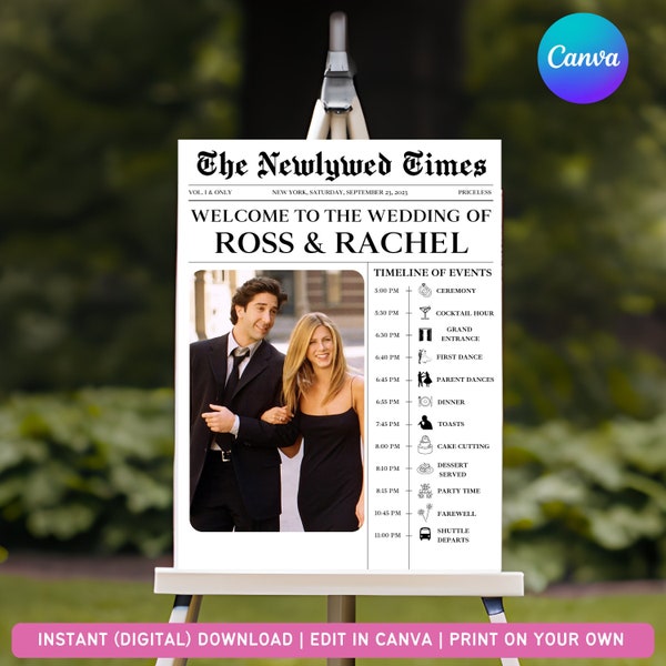 Unique Wedding Welcome Sign Newspaper Style Wedding Signage Customizable Digital Download for Edit in Canva