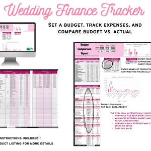 May include: A pink and white printable wedding finance tracker spreadsheet with a computer monitor displaying a budget comparison report. The spreadsheet includes sections for entering a budget, tracking expenses, and comparing budget vs. actual. The text "Wedding Finance Tracker" is at the top of the page. The text "SET A BUDGET, TRACK EXPENSES, AND COMPARE BUDGET VS. ACTUAL" is below the title. The text "INSTRUCTIONS INCLUDED!! SEE PRODUCT LISTING FOR MORE DETAILS" is at the bottom of the page.