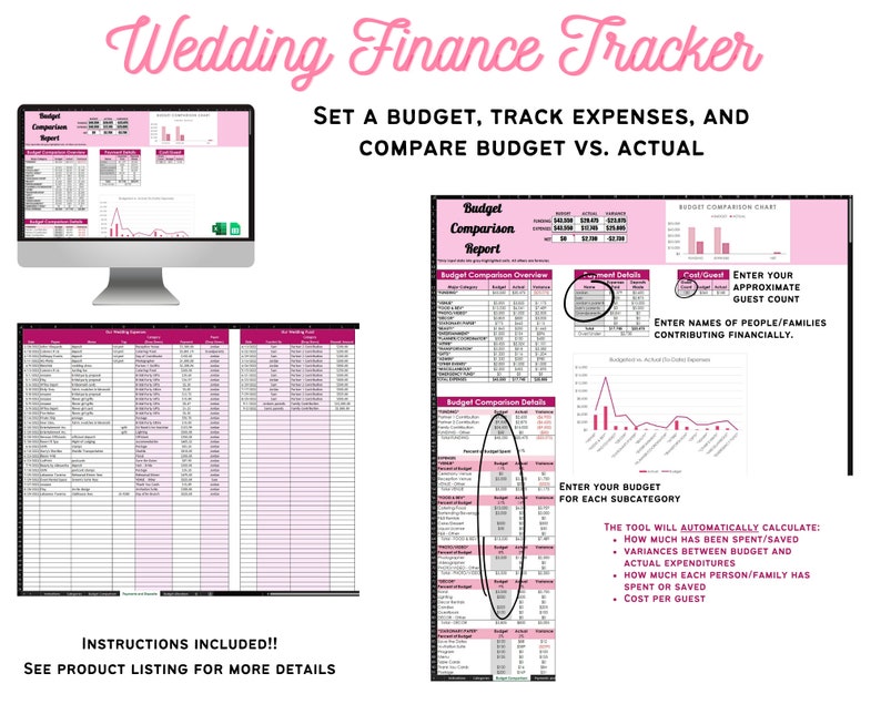 May include: A pink and white printable wedding finance tracker spreadsheet with a computer monitor displaying a budget comparison report. The spreadsheet includes sections for entering a budget, tracking expenses, and comparing budget vs. actual. The text "Wedding Finance Tracker" is at the top of the page. The text "SET A BUDGET, TRACK EXPENSES, AND COMPARE BUDGET VS. ACTUAL" is below the title. The text "INSTRUCTIONS INCLUDED!! SEE PRODUCT LISTING FOR MORE DETAILS" is at the bottom of the page.