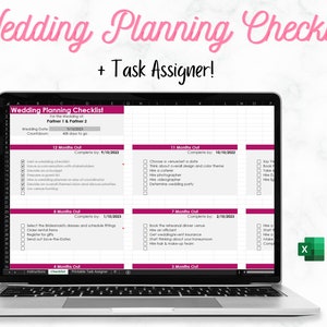 May include: A laptop screen displaying a wedding planning checklist with a pink and white color scheme. The checklist is organized by month, with tasks to be completed for the wedding. The checklist includes tasks such as choosing a venue, hiring a photographer, and sending out save-the-dates. The checklist is titled "Wedding Planning Checklist + Task Assigner!"