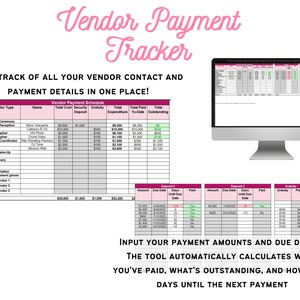 May include: A computer screen displaying a spreadsheet with the title "Vendor Payment Tracker". The spreadsheet is designed to help users keep track of vendor contact and payment details. The spreadsheet includes columns for vendor type, name, total cost, security deposit, gratuity, total expenditure, total paid to date, and total outstanding. The spreadsheet also includes a section for inputting payment amounts and due dates. The tool automatically calculates what you've paid, what's outstanding, and how many days until the next payment.
