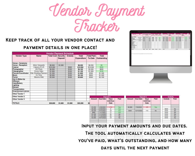 May include: A computer screen displaying a spreadsheet with the title "Vendor Payment Tracker". The spreadsheet is designed to help users keep track of vendor contact and payment details. The spreadsheet includes columns for vendor type, name, total cost, security deposit, gratuity, total expenditure, total paid to date, and total outstanding. The spreadsheet also includes a section for inputting payment amounts and due dates. The tool automatically calculates what you've paid, what's outstanding, and how many days until the next payment.