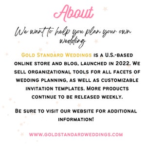 May include: A pink and white graphic with the text "About" in pink, followed by the text "We want to help you plan your own wedding". The text "GOLD STANDARD WEDDINGS IS A U.S.-BASED ONLINE STORE AND BLOG, LAUNCHED IN 2022. WE SELL ORGANIZATIONAL TOOLS FOR ALL FACETS OF WEDDING PLANNING, AS WELL AS CUSTOMIZABLE INVITATION TEMPLATES. MORE PRODUCTS CONTINUE TO BE RELEASED WEEKLY." is in black. The text "BE SURE TO VISIT OUR WEBSITE FOR ADDITIONAL INFORMATION!" is in black. The text "WWW.GOLDSTANDARDWEDDINGS.COM" is in black.
