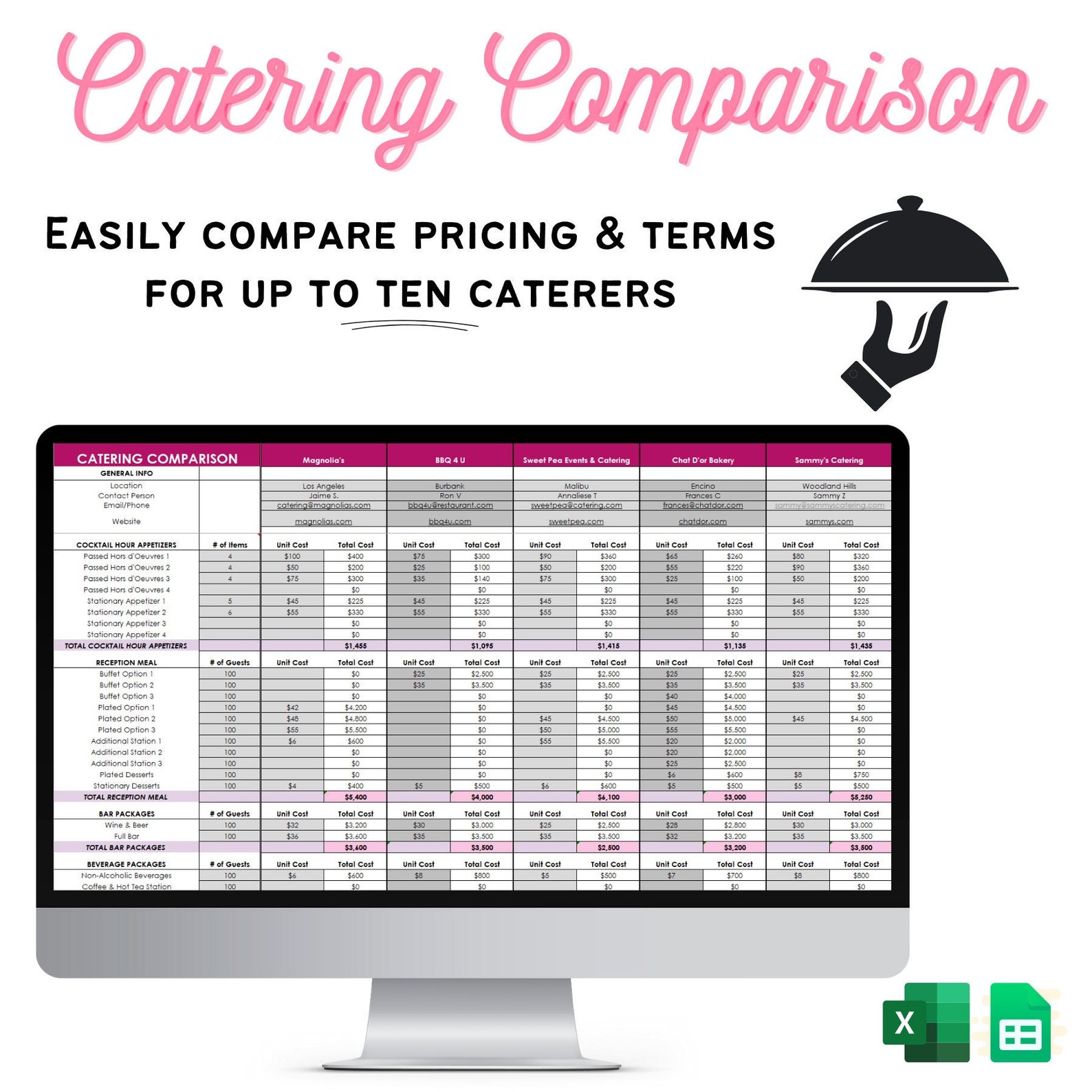Wedding Catering Comparison Spreadsheet -event Planning Template ...