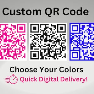 Könnte beinhalten: Drei benutzerdefinierte QR-Codes, einer rosa, einer schwarz und einer blau. Der Text darunter lautet "Wählen Sie Ihre Farben" und "Schnelle digitale Lieferung!"