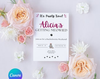 Invito per una festa di addio al nubilato a tema gatto, Miagolare, modello personalizzabile in Canva