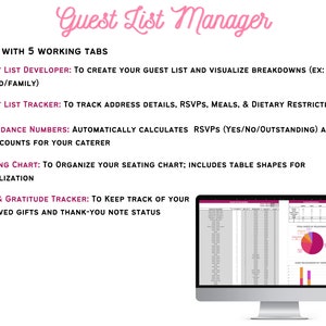 May include: A computer screen displaying a spreadsheet with a guest list manager. The spreadsheet has columns for guest names, addresses, RSVPs, meals, and dietary restrictions. The screen also shows a pie chart and a bar chart. The text on the screen reads "Guest List Manager" and "Comes with 5 working tabs".