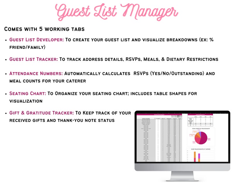 May include: A computer screen displaying a spreadsheet with a guest list manager. The spreadsheet has columns for guest names, addresses, RSVPs, meals, and dietary restrictions. The screen also shows a pie chart and a bar chart. The text on the screen reads "Guest List Manager" and "Comes with 5 working tabs".
