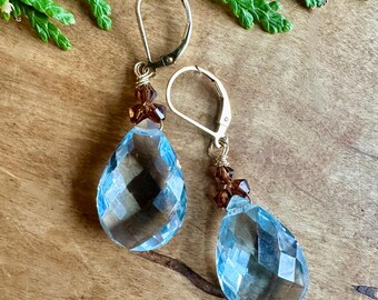 Sky blue large quartz briolette drop earrings with swarovski crystal accents