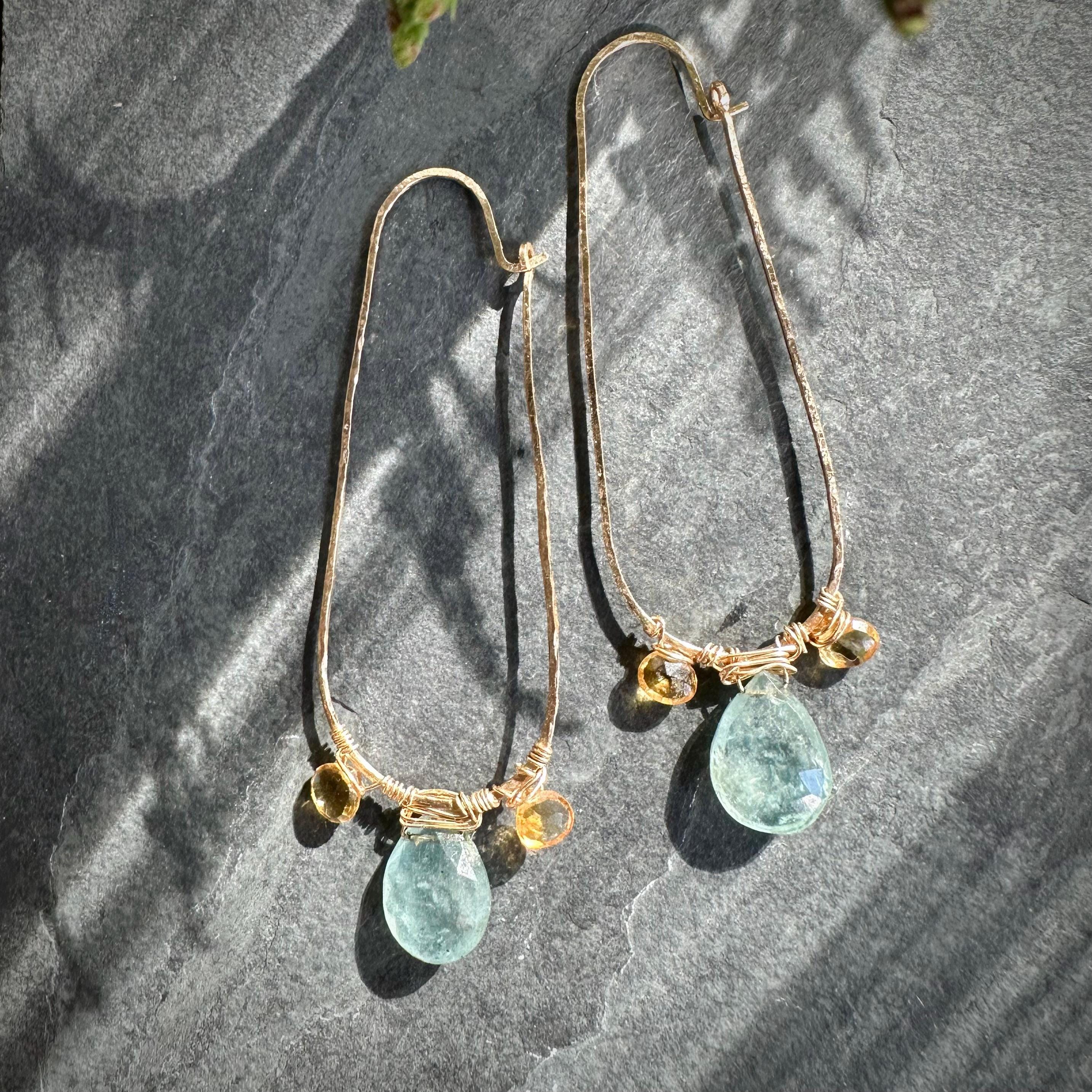 Créoles Avec Perles Plaqué Or Et Gouttes De Pierres Précieuses - Péridot, Aigue-marine, Citrine