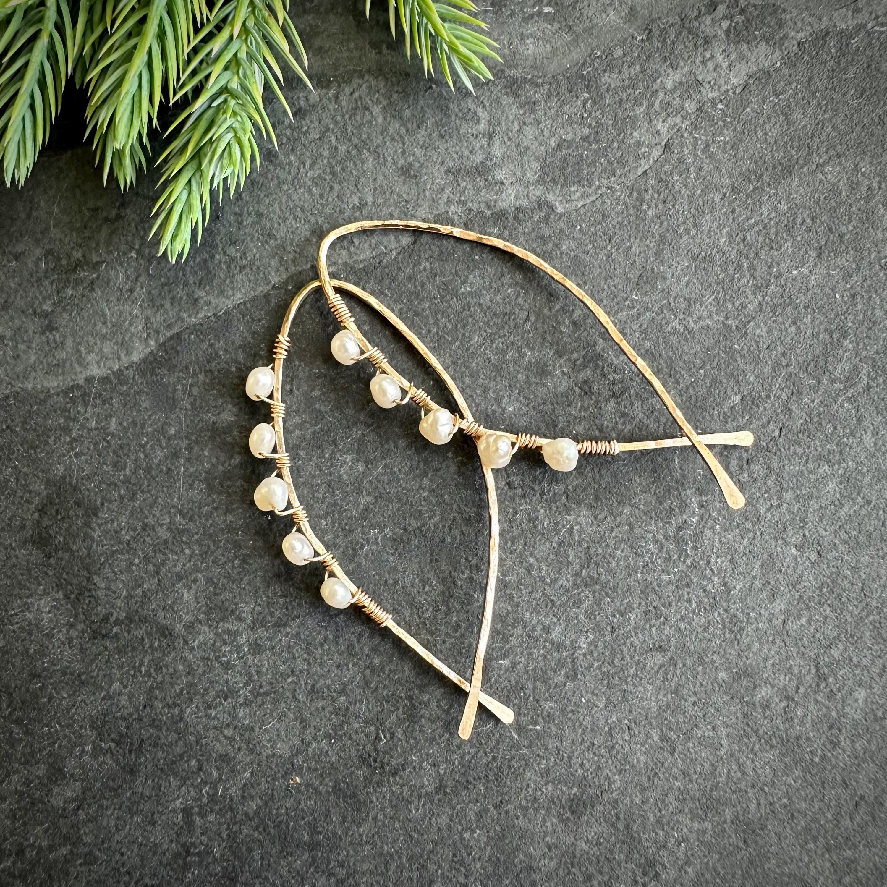 Delicate wire-wrapped 14k gold filled and white fresh water pearl hoops