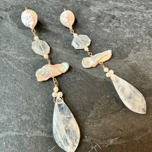 Unique pearl and moonstone dangle drop earrings
