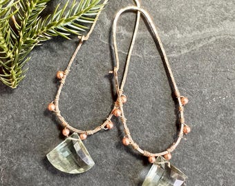 Gorgeous Green amethyst and pearl drop gold filled hoops