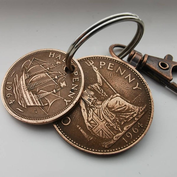 1964 British Penny and Half Penny Key chain keyring or pendent. His and hers wedding anniversary gift. Other years available just ask