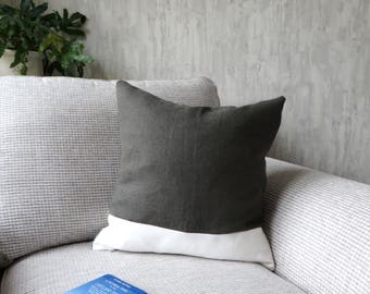 Dark Grey & White Cushion, Stripe Linen Cotton Mix (Asphalt)