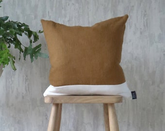 Tan & White Cushion, Stripe Linen Cotton Mix Brown