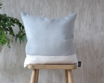 Light Grey Blue & White Cushion, Stripe Linen Cotton Mix (Dove)