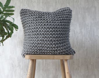 Chunky Knit Cushion Pillow in Mid Grey - Alpaca Garter Cushion