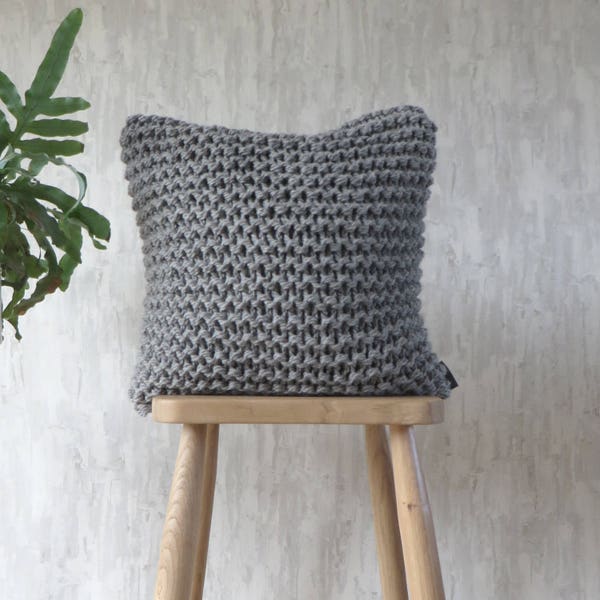 Chunky Knit Cushion Pillow in Mid Grey - Alpaca Garter Cushion