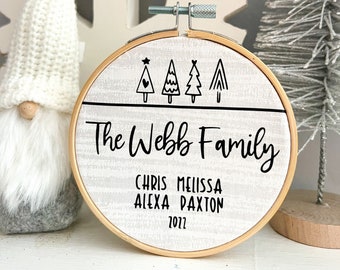 Personalized Family Ornament, Embroidery Hoop Ornament, Holiday Gift, Black and White Christmas