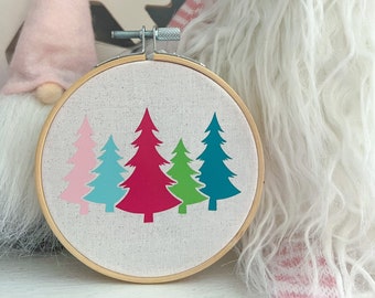 Pink Christmas Ornament, Holiday Decor, Embroidery Hoop, Christmas Tiered Tray