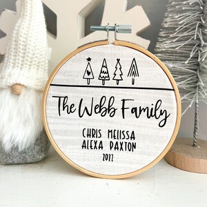 Personalized Family Ornament, Embroidery Hoop Ornament, Holiday Gift, Black and White Christmas