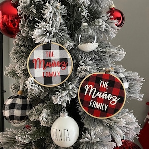 Personalized Family Ornament, Buffalo Plaid Christmas, Embroidery Hoop Ornament