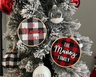 Personalized Family Ornament, Buffalo Plaid Christmas, Embroidery Hoop Ornament