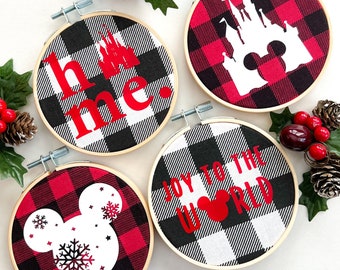 Buffalo Plaid Christmas Ornaments, Disney Inspired Ornaments, Embroidery Hoop Decor