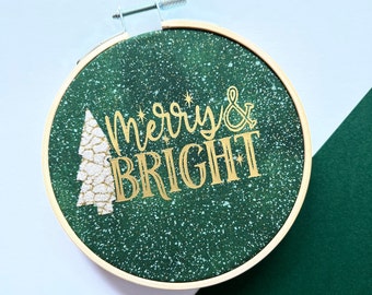 Christmas Ornament, Merry and Bright, Holiday Decor, Embroidery Hoop, Christmas Tiered Tray