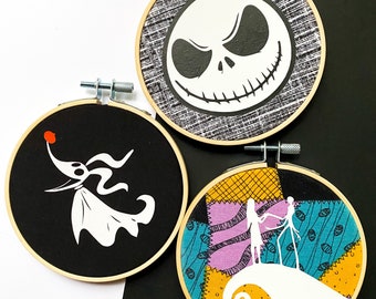 Nightmare Before Christmas Decor, Disney Inspired Jack and Sally Ornament, Embroidery Hoop Decoration, Halloween Tiered Tray