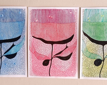 Original Whimsical Triptych Ink & Watercolor Set on A4 - Hand drawn Illustration