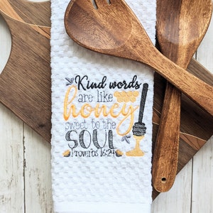 Religious Embroidered Kitchen Towel, Kind Words Are Like Honey Proverbs, Christian Catholic Hand Towel, Waffle Weave Dish Towel