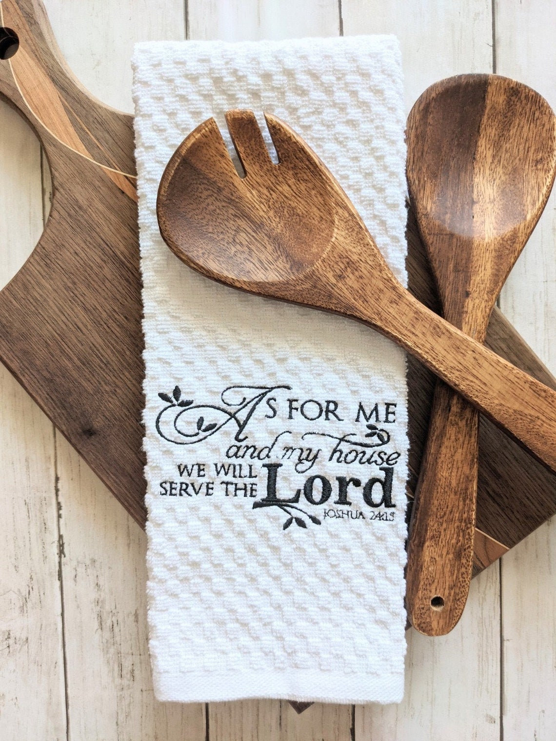 Religious Embroidered Kitchen Towel, Christian Hand Towel, Waffle Weave Dish Towel, We Will