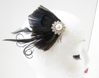 Black Silver Peacock Feather Diamante Hair Comb Fascinator 1920s Flapper 30s A86