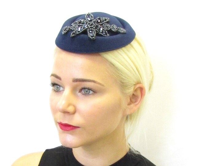 Navy Blue Beaded Pillbox Hat Fascinator Races Vintage Hair Etsy