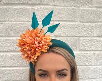 Teal & Orange Fascinator Flower Padded Headband Headpiece Wedding Guest Races Halo Hairband Floral Halo Crown u10904