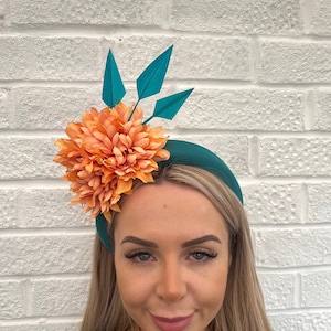 Teal & Orange Fascinator Flower Padded Headband Headpiece Wedding Guest Races Halo Hairband Floral Halo Crown u10904